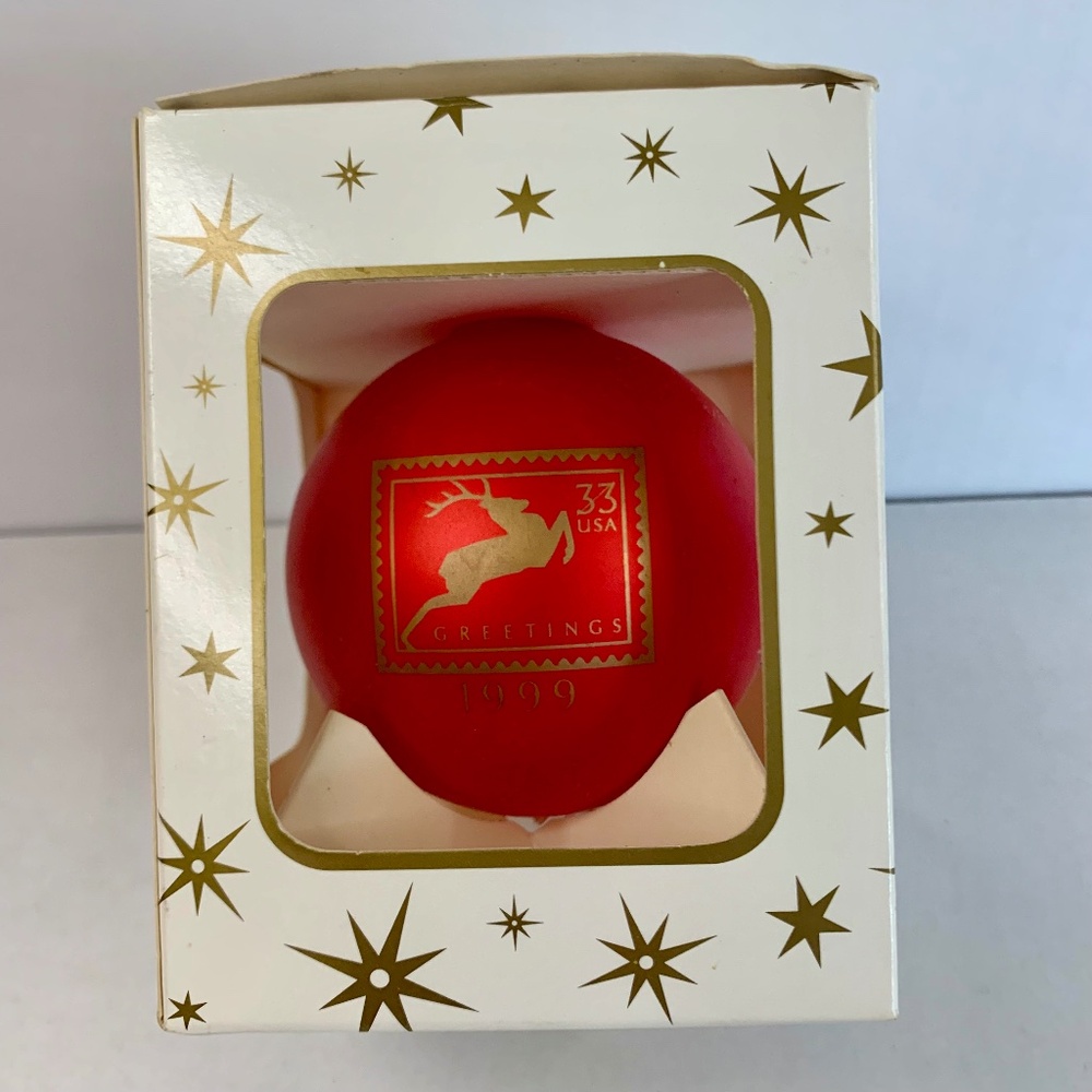USPS Vintage 33c stamp 1999 Red Gold Reindeer round glass Christmas Ornament